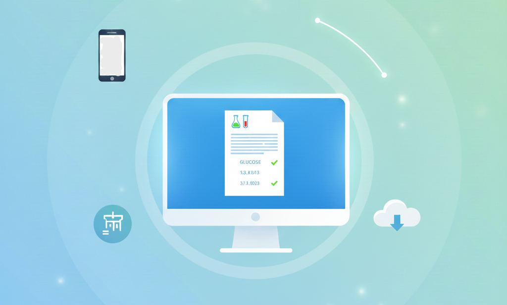 img title Illustrazione digitale di un monitor con referto online, icone di smartphone (Umbria Facile), tablet (Fascicolo Sanitario Elettronico), nuvola di download e calendario