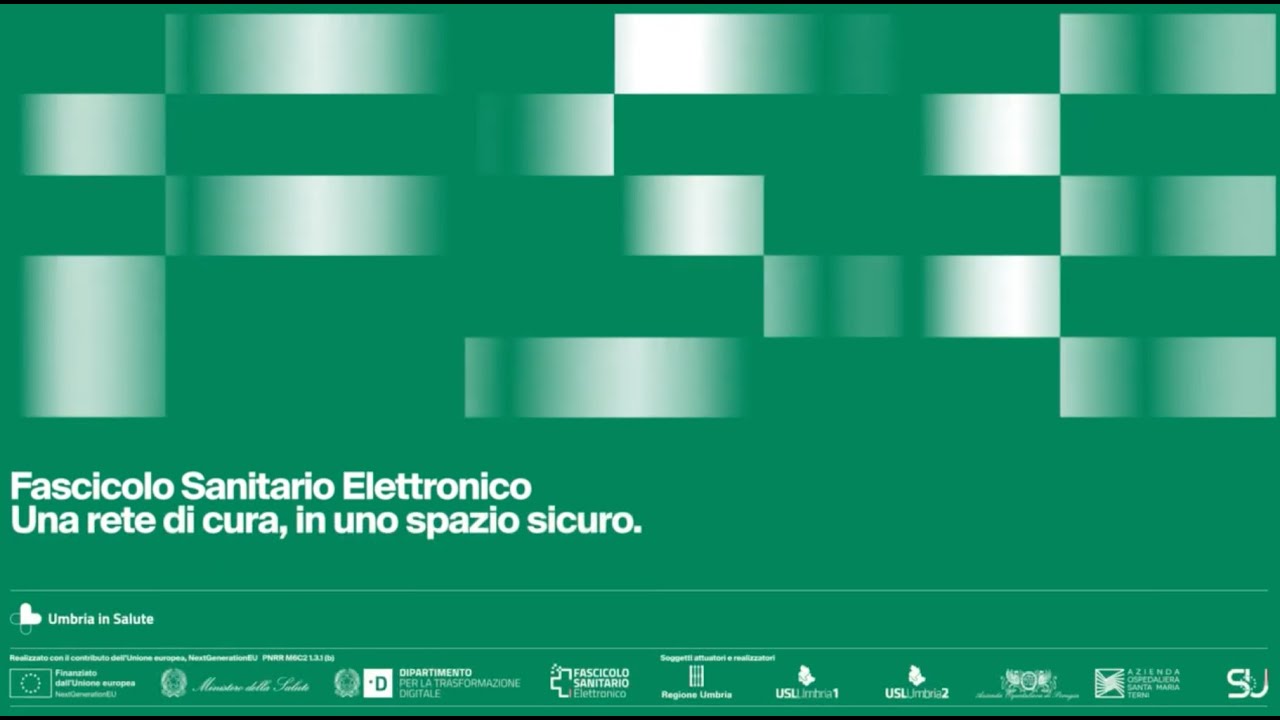 img title Immagine istituzionale del Fascicolo Sanitario Elettronico con slogan e loghi dei finanziatori (NextGenerationEU, Ministero Salute) e attuatori (Regione Umbria, USL Umbria 1, USL Umbria 2).