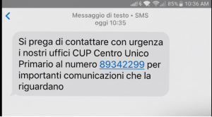 Screenshot di un falso SMS che invita a contattare con urgenza un fantomatico "CUP Centro Unico Primario" a un numero a pagamento.