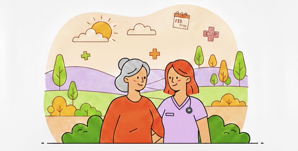 img title Illustrazione di un'operatrice sanitaria e una donna che camminano insieme in un paesaggio collinare stilizzato.