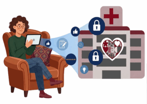Illustrazione di una donna seduta in poltrona che utilizza un tablet per interagire con un ospedale stilizzato attraverso icone digitali.