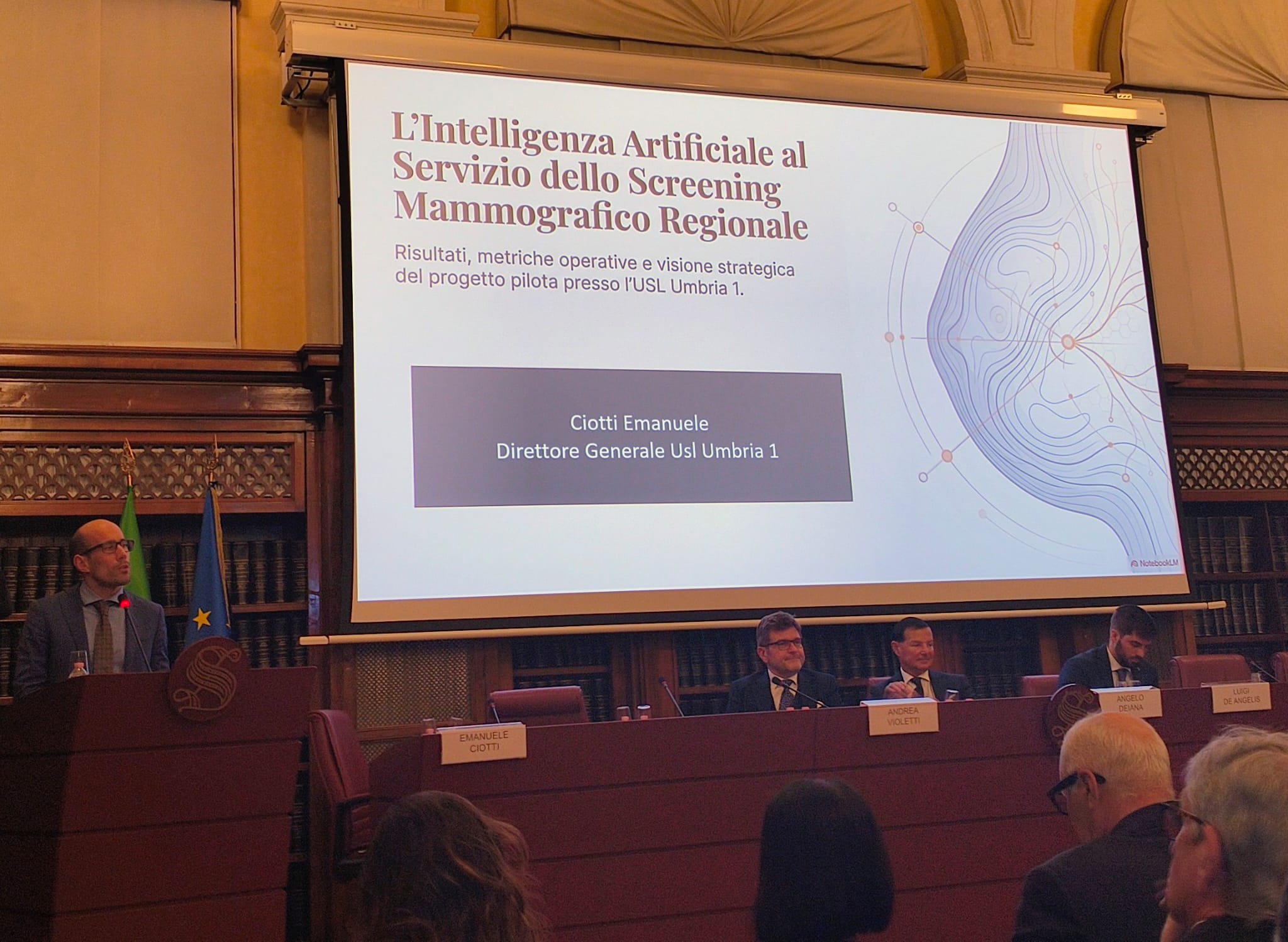 Il direttore generale Emanuele Ciotti interviene al Senato della Repubblica durante la presentazione del progetto sull'Intelligenza Artificiale per lo screening mammografico.