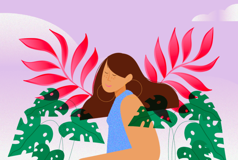 Illustrazione stilizzata di una donna con gli occhi chiusi in espressione di serenità, circondata da foglie verdi e fucsia su sfondo lilla.
