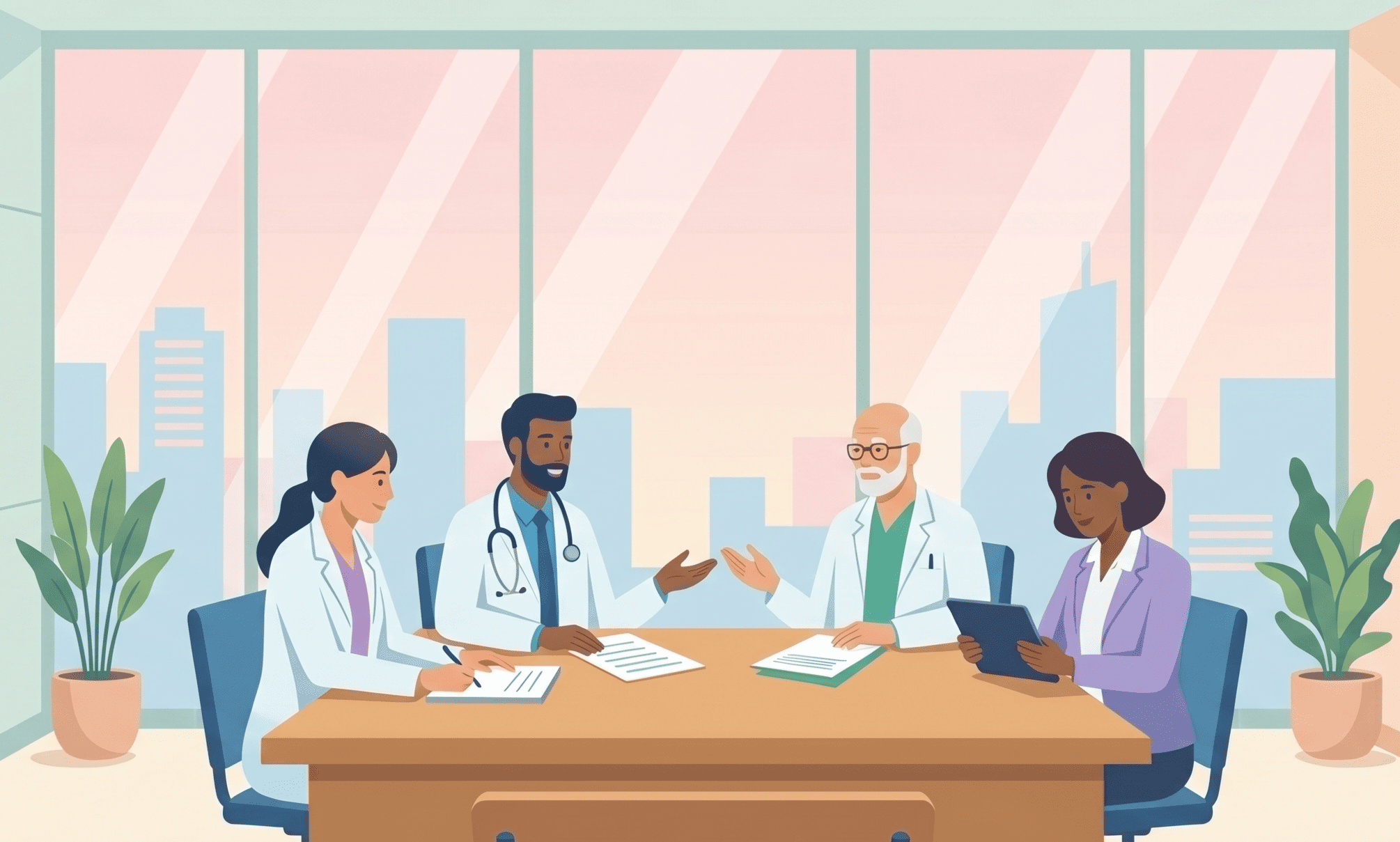 img title Quattro professionisti sanitari, medici e dirigenti in camice e abito formale, siedono attorno a un tavolo in una sala riunioni moderna dai colori pastello, discutendo in modo collaborativo con documenti e tablet.