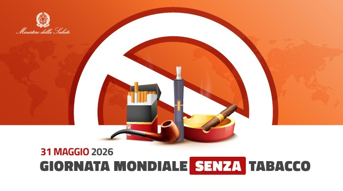 Infografica della Giornata Mondiale Senza Tabacco, 31 maggio 2026. Al centro sono raffigurati diversi prodotti da fumo davanti a un grande simbolo di divieto, con il logo del Ministero della Salute in alto a sinistra.