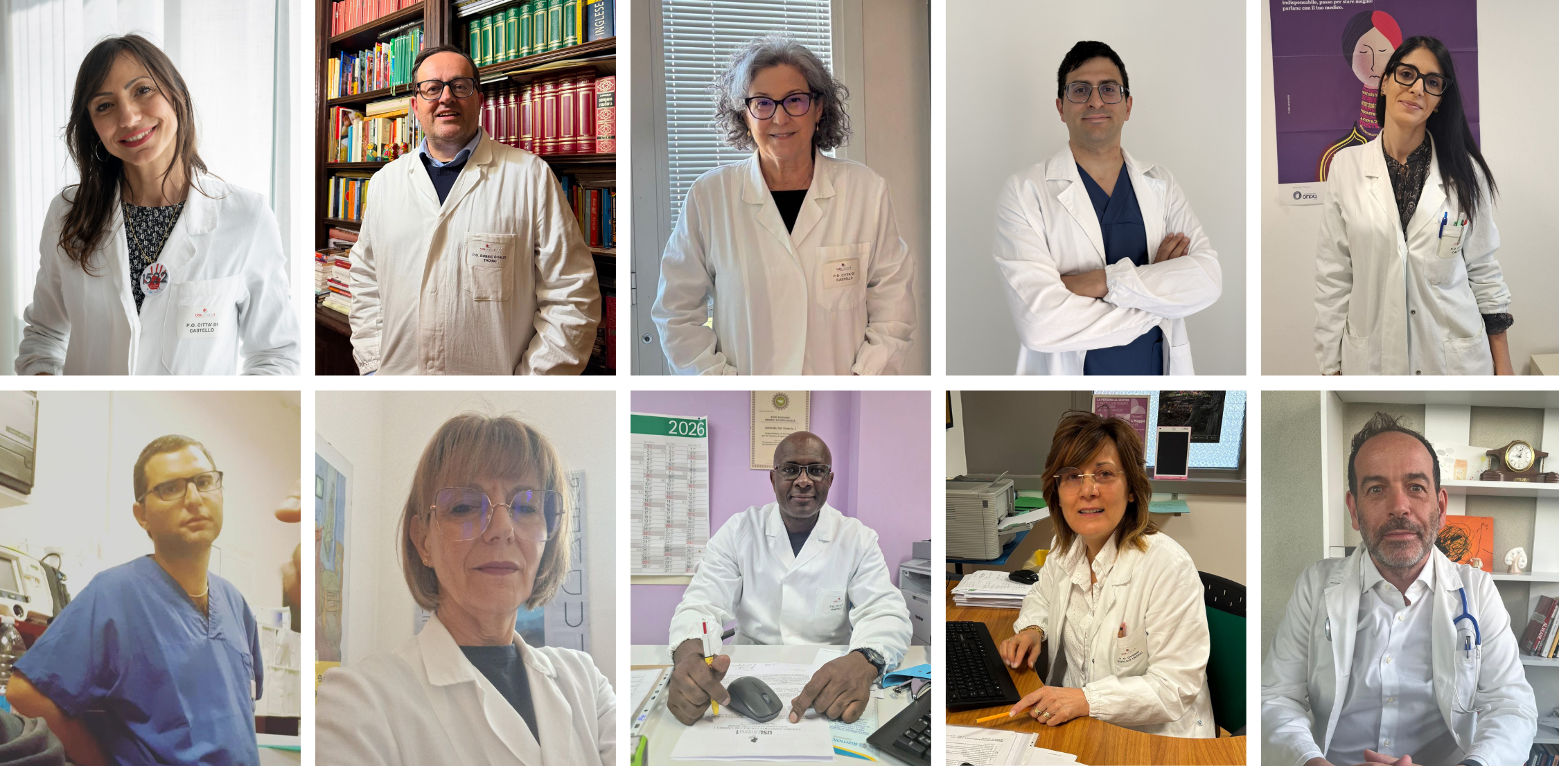 Collage fotografico composto da dieci ritratti individuali di medici e professionisti sanitari dell'Usl Umbria 1, in camice bianco o divisa ospedaliera, che operano nei servizi di terapia del dolore e cure palliative.