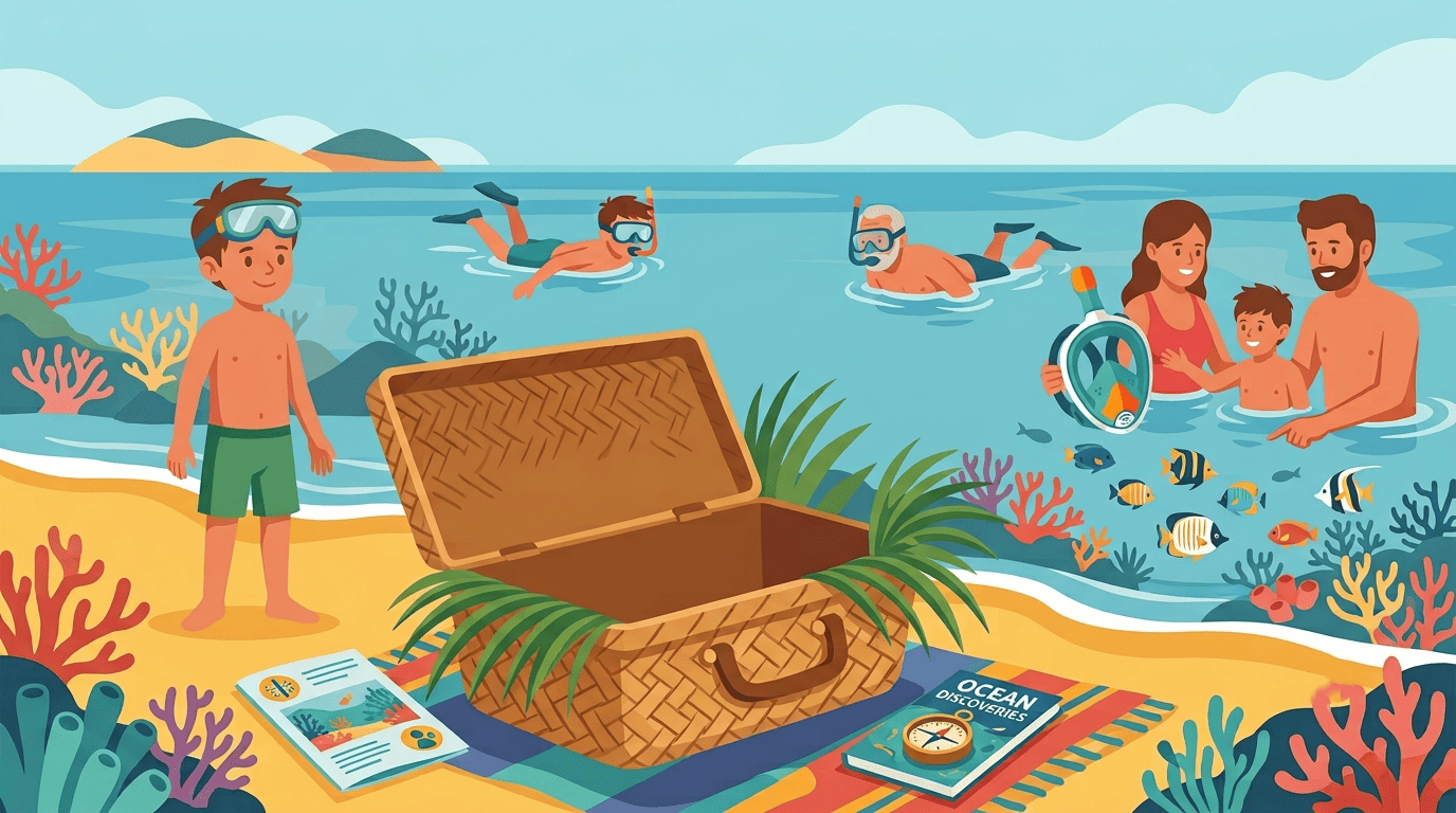 img title n'illustrazione colorata a fumetti ambientata in spiaggia e in mare. In primo piano sulla sabbia c'è un cesto da picnic aperto con foglie verdi, un opuscolo informativo e un libro intitolato
