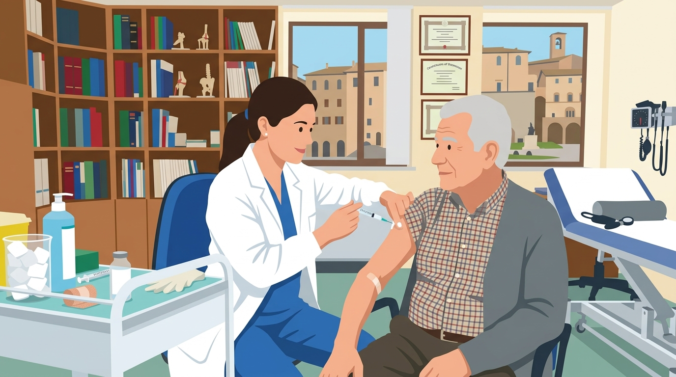 img title Illustrazione vettoriale di un medico donna in camice bianco che somministra un vaccino sul braccio di un uomo anziano all'interno di uno studio medico. Sullo sfondo si notano una libreria, attestati a parete, uno sfigmomanometro, un lettino visitativo e una finestra con vista su palazzi ed edifici storiati.