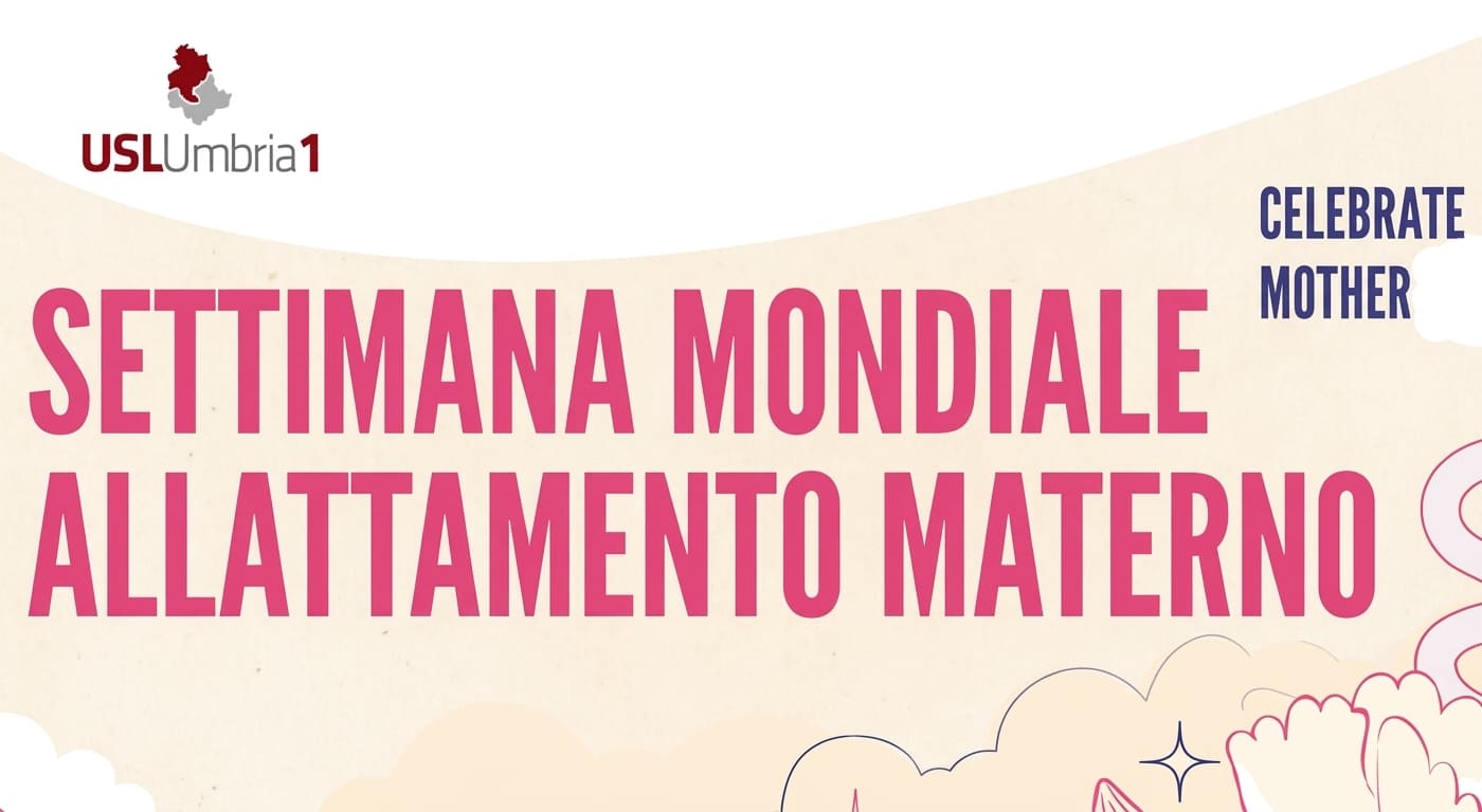 img title Banner orizzontale di testata per la Settimana Mondiale dell'Allattamento Materno su sfondo rosa chiaro e crema. In alto a sinistra è presente il logo dell'Azienda USL Umbria 1. Al centro figura la scritta grande in colore rosa 'SETTIMANA MONDIALE ALLATTAMENTO MATERNO' affiancata in alto a destra dal testo 'CELEBRATE MOTHER'. In basso a destra sono visibili illustrazioni stilizzate a tratto violetto raffiguranti nuvole e stelle.