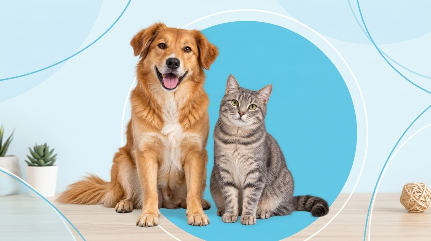 Un cane a pelo lungo dorato sorridente e un gatto soriano grigio seduti fianco a fianco al centro di un cerchio azzurro su sfondo chiaro con linee decorative azzurre.